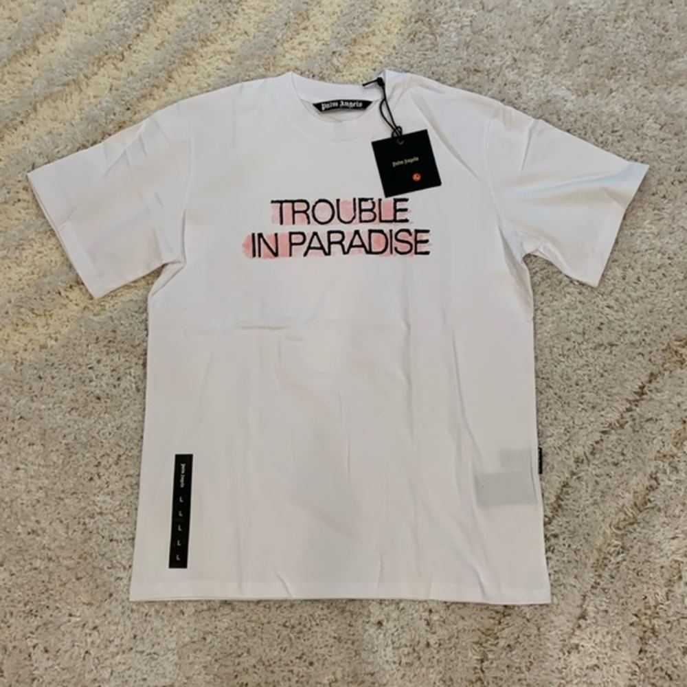 Palm Angels Trouble in Paradise Highlighted Pink White T-Shirt Mens Size Large